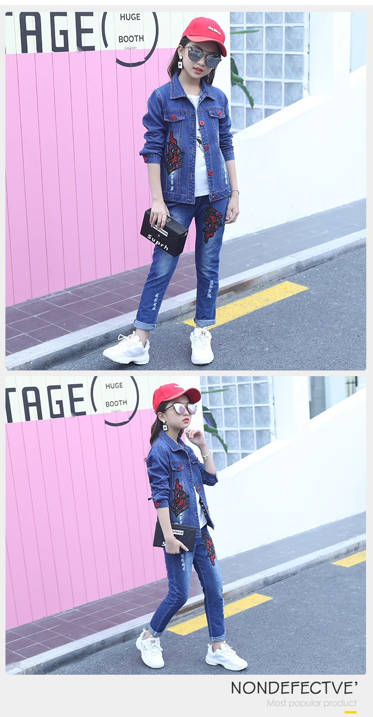 Autumn Girls Denim Pants Embroidered Crane Outfits Girls Autumn Spring 3Pcs Denim Jacket + Jeans Clothing Set