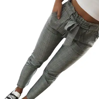

Women Fashion Plaid Pleated High Waist Skinny Pencil Pants Trousers with Sash