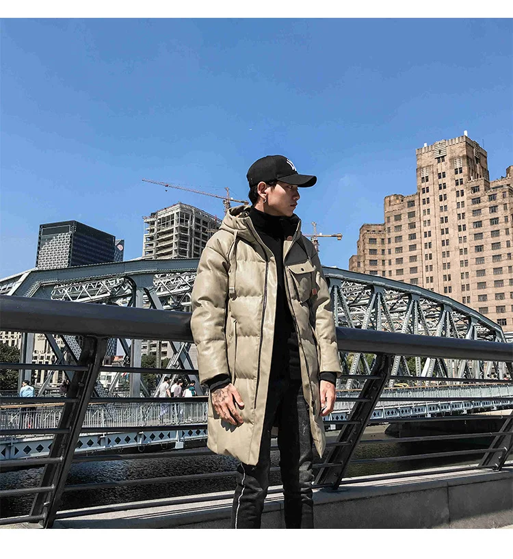 Cotton Coat Leather Coat Men's Mid-length Winter New Style Korean-style Trend Cotton-padded Clothes Fashion Slim Fit Hat PU