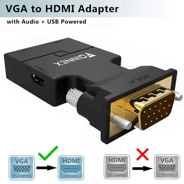  FOINNEX Convertidor de adaptador VGA a HDMI con audio, salida de  fuente VGA de PC a TV/monitor con conector HDMI, adaptador HDMI macho a  hembra de 1080P para computadora portátil de