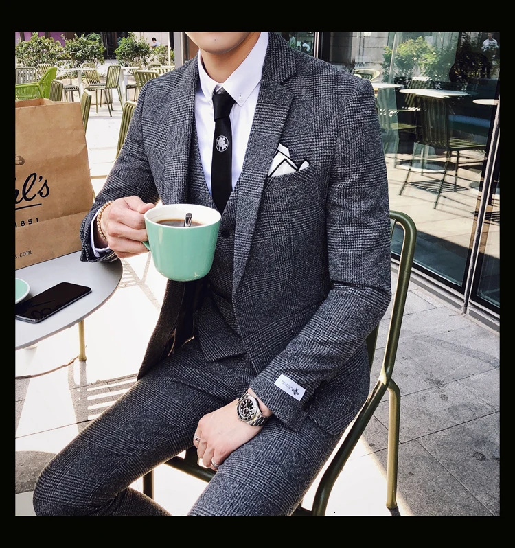 Мужской деловой костюм, официальный смокинг, мужские костюмы, Casacas Hombre Azul Terno Preto, облегающие Серые Ретро костюмы в клетку для мужчин