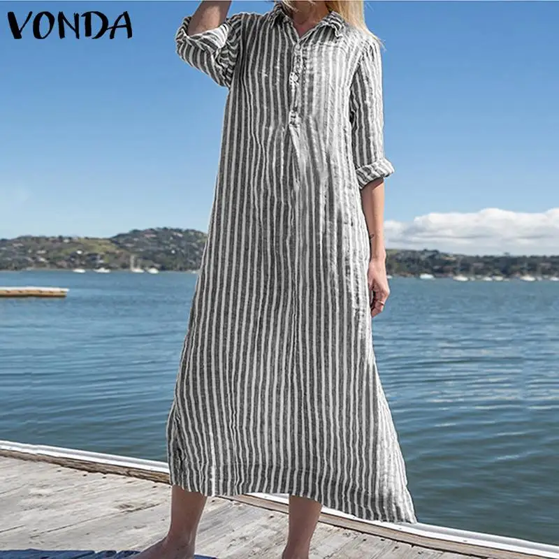 

Vintage Beach Sundress Solid Color Autumn Summer Maxi Long Maternity Dresses VONDA 2019 Casual Loose Party Robe Femme Vestidos