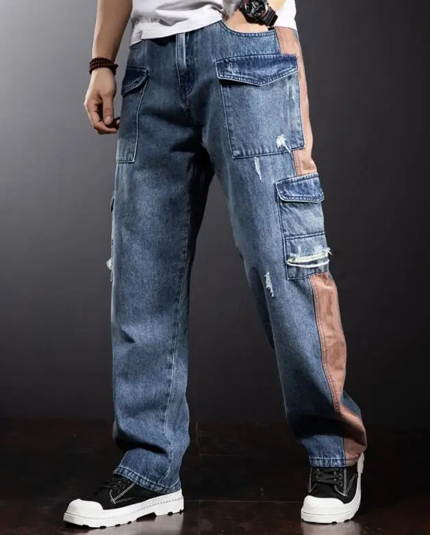 Multi-Pocket Loose Cargo Jeans Men Straight Fashion Wide-Legged Denim Pant Patchwork Baggy Jeans Size 29-40 4