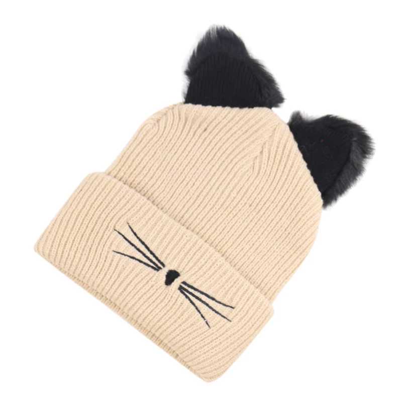Winfox Новые Вязаные шапочки для женщин, модная шапочка с кошачьими ушками, зимние шапки - Цвет: Хаки