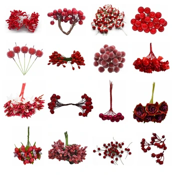 

Christmas Decoration Red Artificial Flower Cherry Stamen Berries DIY Flower Wreaths Decorative Cake Gift Box Wedding Party Decor