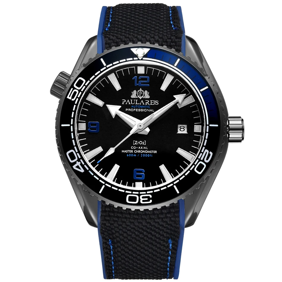 Black Blue Black Мужские автоматические механические холщовые часы с резиновым ремешком James Bond 007, стильные оранжевые, синие, красные классические часы с вращающейся рамкой - Цвет: Black Blue Black