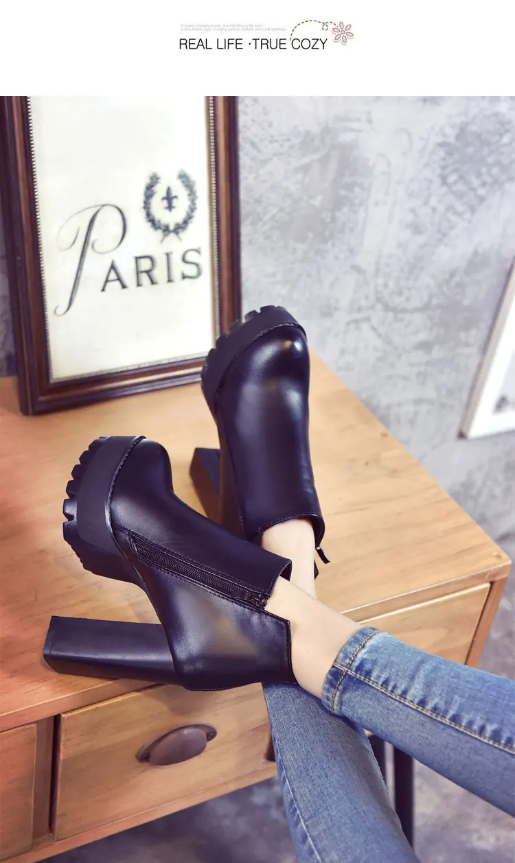 Ботинки на платформе и толстом каблуке Модные Черные Ботинки martin обувь на очень высоком каблуке женские ботильоны для женщин с круглым носком