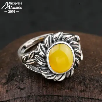 

10*8mm 6.18 Sale S925 Sterling Silver Poland Amber Rings Exaggerated Rings upper class lithuania Retro Handmade