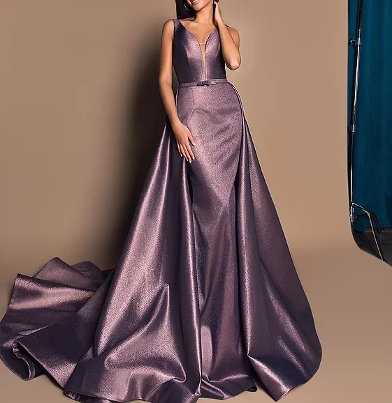 Mermaid Prom Dresses Vestidos De Gala Shiny Satin Formal Party Dresses V-Neck Long Train Robe De Soiree