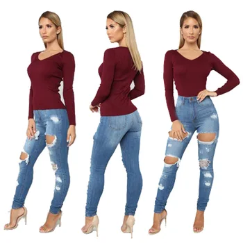 

Distressed Washed Stretch Blue Ripped Jeans Woman Denim Pants Trousers For Women Pencil Skinny Jeans