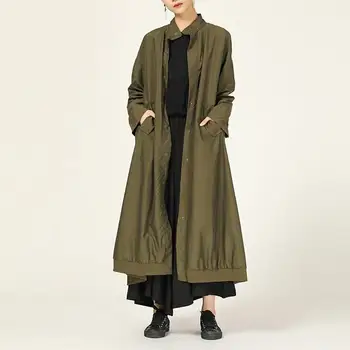 

Women Autumn Streetwear Pocket Army Green Trench Pockets Loose Long Sleeve Windbreaker Solid Button Casual X-Long Trench