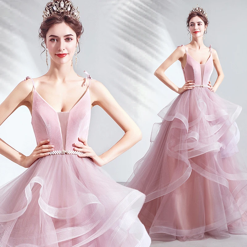 

Pink Evening Dress Ball Gown Ruffle Tulle Formal Elegant 2020 New Fashion Party Dresses Evening Gowns JA63