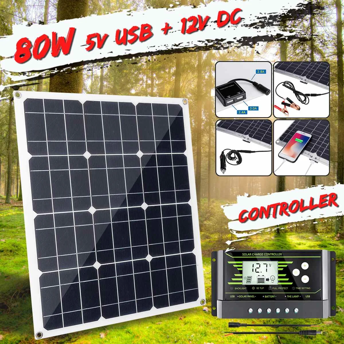 

80W Solar Panel Solar Cell Dual USB Cell Module+10A Controller for Car Yacht Led Light RV 18V Battery Boat Outdoor Charger