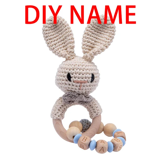 Bopoobo 1pc Baby Rattles Crochet Bunny Rattle Toy Wood Ring Baby Teether Rodent Baby Gym Mobile Rattles Newborn Educational Toys A Blue Bunny