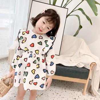 

Baby Girls Dress Korean Fashion Color Love Long Sleeve Dress for Girls Kids Clothing 1 2 3 4 5 Years Princess Dress 2020 Spring
