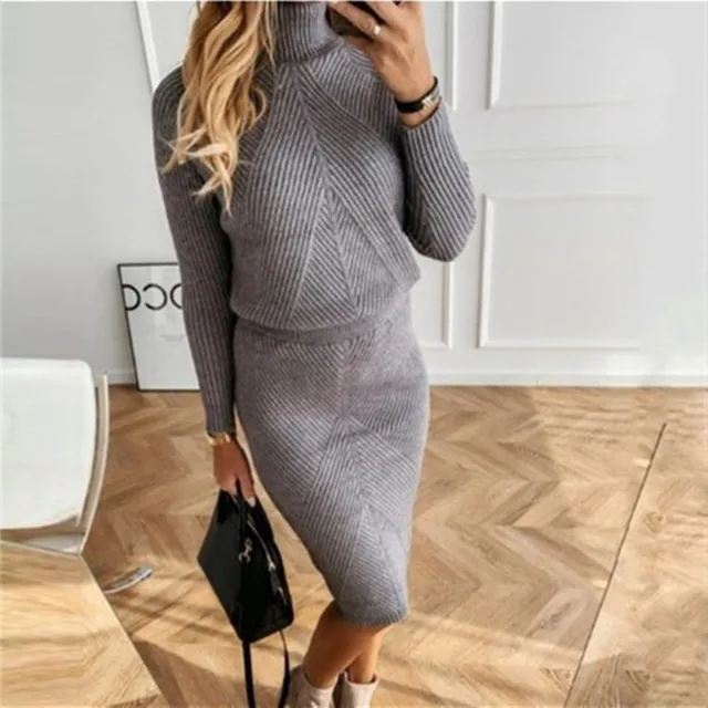 TYHUR Autumn Women's Knitting Costume Turtleneck Solid Color Pullover Sweater + Slim Skirt Two-Piece Set 5