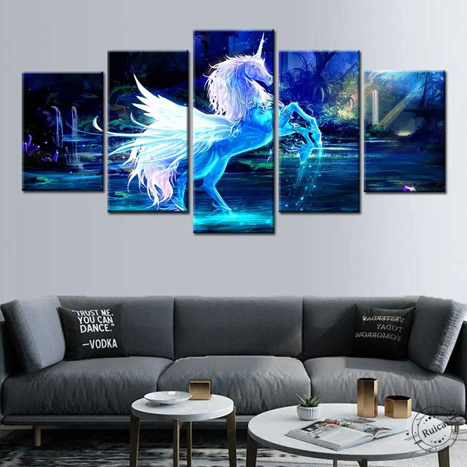 

5 piece canvas art Modern Cartoon Unicorn Posters Prints Forest Picture Animal Painting Wall Art for Living Room Home decoration