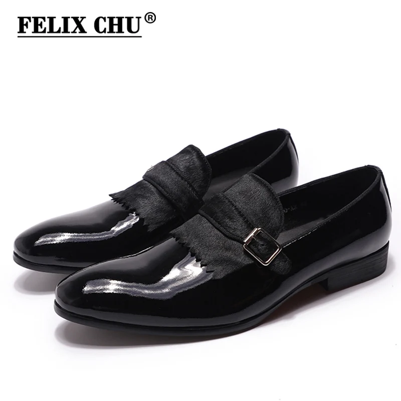 

FELIX CHU Elegant Formal Mens Wedding Loafers Patent Leather with Horse Hair Buckle Party Slip-On Men Black Blue Dress Shoes