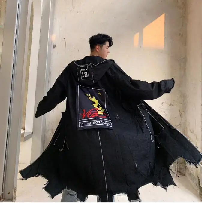 S-XXL! Осенне-зимняя обувь личности наклейки мужские длинный свободный жакет с капюшоном рваные сырья ковбойская ветровка куртка