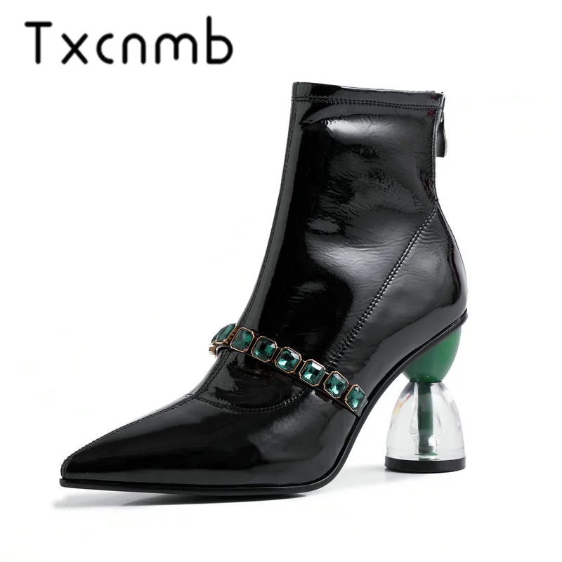 

Cow Patent Leather Women Ankle Boots Pointed Toe Strange Heels Short Boots Night Club Shoes Woman