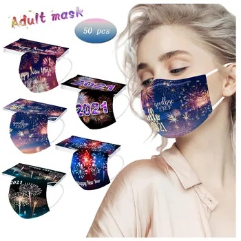 

50pcs Adult 2021 Happy New Years Face Mask Mascarillas Disposable Face Masks Three Layer Breathable Breathable Protective