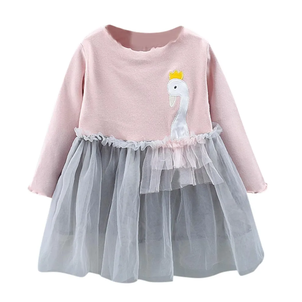 

Cute Baby Dresses for Girls Baby Cartoon Swan Embroider Grenadine Clothes Dress For Girl 1 Year Vestido Infantil Jly30