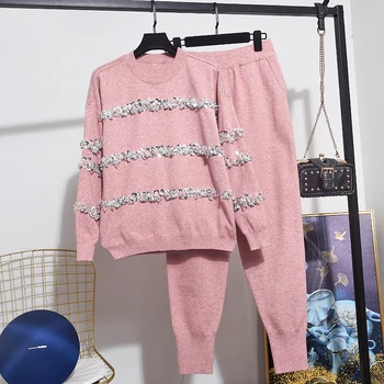 

Tracksuits Sequins Long sleeve Knitted Sweater + Long Pants Women Two Piece Set Loose Sports Pullover Pencil Pants Knit Outfits