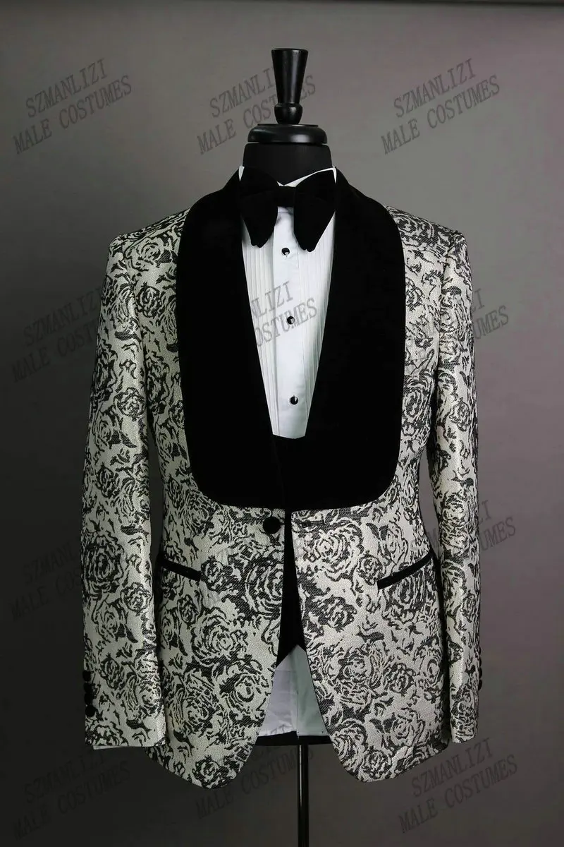 

High Quality Floral Pattern Men Wedding Suits Costume Homme Groom Tuxedo Prom Party 3 Pieces Slim Fit Men Blazer Terno Masculino