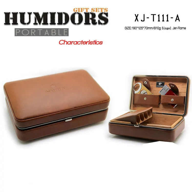 4 Cedar Wood Leather Cigar Case Portable Holder Smoking cigarette Accessories Storage Box Travel Humidor Gifts