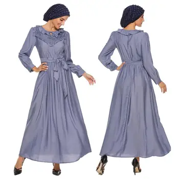 

Muslim Women Abaya Long Maxi Dress Robes Ruffles Lace Up Islamic Kaftan Vintage Arab Drawstring Long Sleeve Gown Casual Dresses