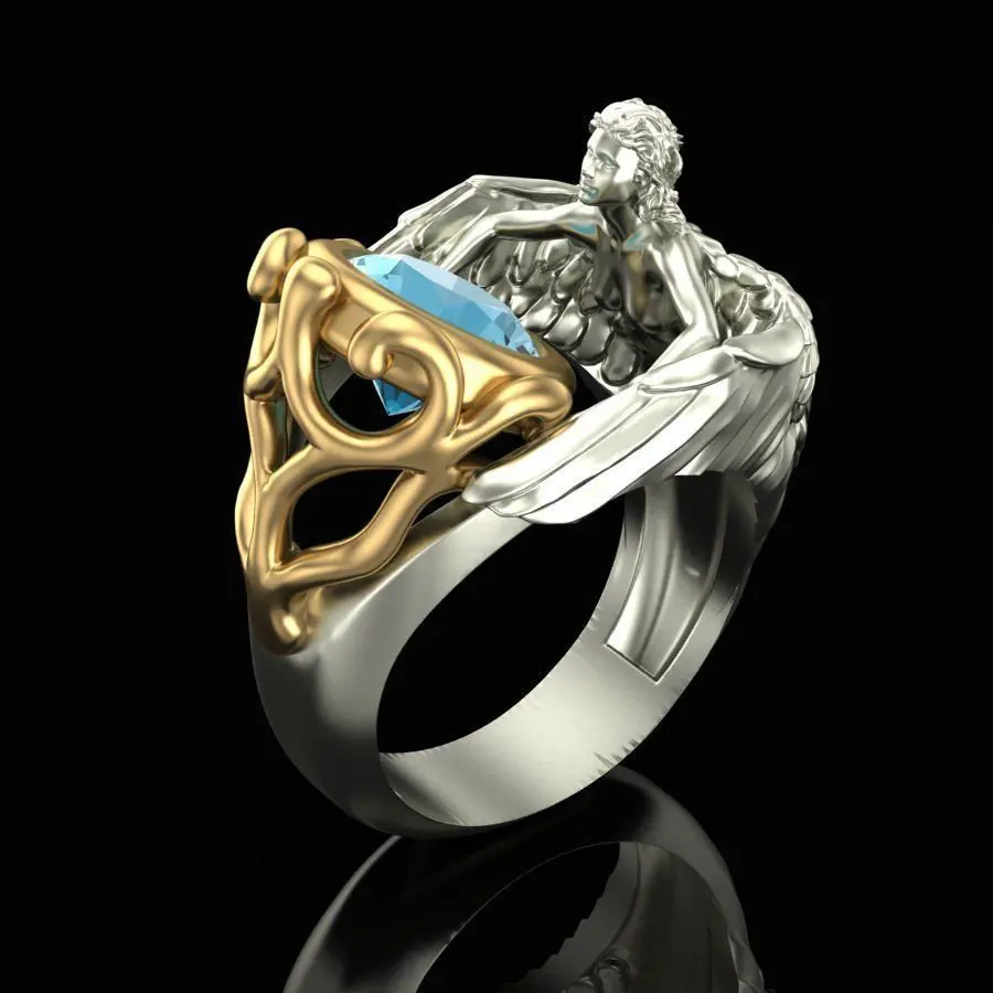 

S925 Sliver Color Ring for Women Navy Blue Topaz Angel Wings Jewelry Gemstone Fashion Human Style Silver 925 Jewelry Ring Box