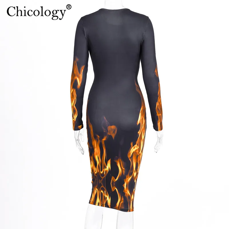 Chicology огонь печати сексуальное платье миди Женские Длинные рукава bodycon уличная 2019