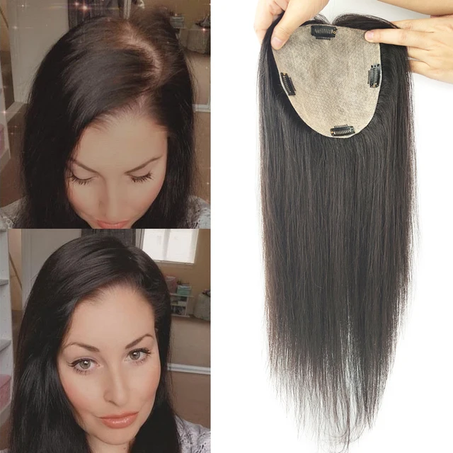 Topper de cabello humano con Base de piel para mujer, peluquín fino europeo virgen con 4 Clips, superior de seda, 12x13cm, 15x16cm
