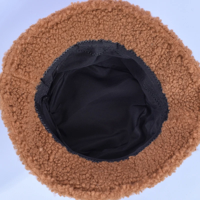 Winter Kids Bucket Hat Cute Lamb Wool Letter Fisherman Hat Solid Flat Top Outdoor Thick Warm Sun Hat