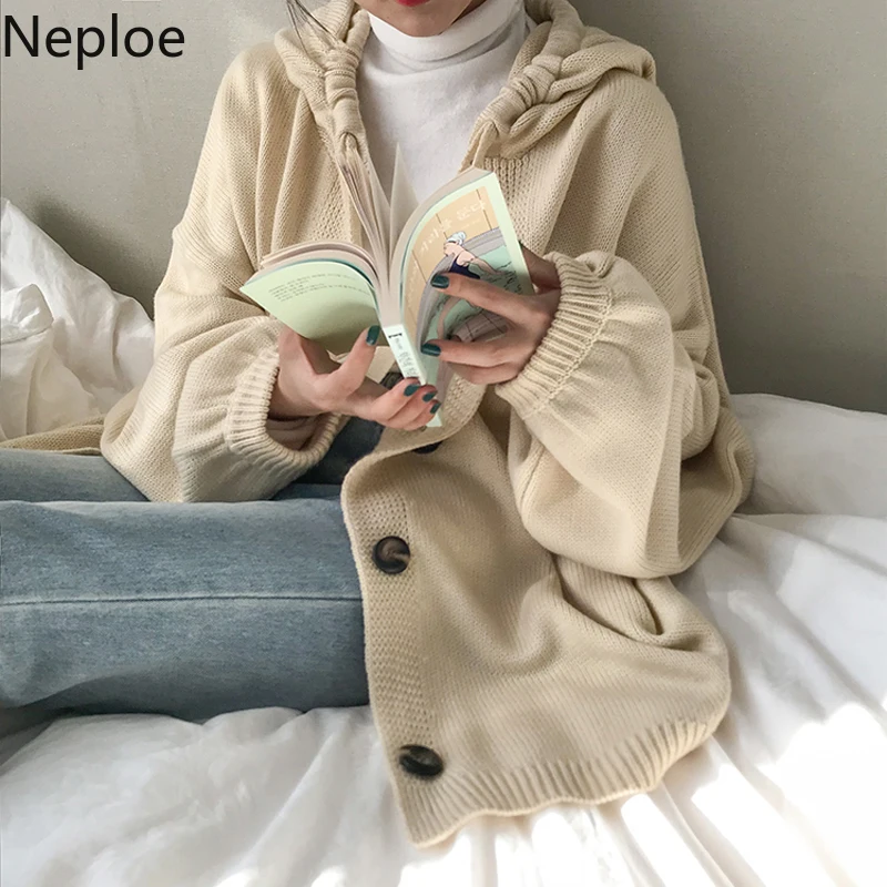 

Neploe Korean Oversized Sweater Drawstring Hooded Cardigan Single Breasted Long Sleeve Solid Knitted Coat 2019 Pull Femme 54256
