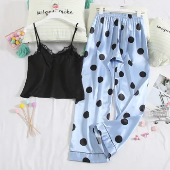 

Ploka Dot Pajamas Sets Women 2PCS Sleep Set Lace V-neck Sleepwear Sexy Casual Thin Tops&Pants Patchwork Intimate Lingerie