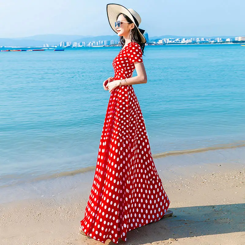 

2021 Summer Women Dress New Temperament Vacation Beach Lady Soild Bohemian Chiffon Ankle Length Short V-Neck Dots Dress YM220