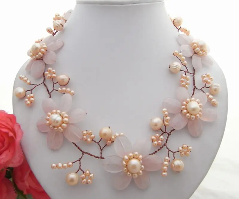 Y·YING Freshwater Pink Pearl Rose Quartzs Flower wrap Necklace
