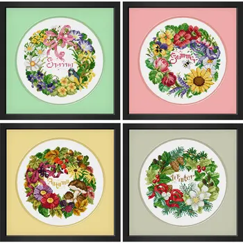 

"four seasons wreath" cartoon Counted cross stitch kit 14ct 11ct printed fabric embroidery DIY needlework High Quality FishXX