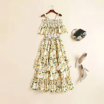 

Women beach dress summer 2020 designer off the shoulder orange lemon floral print tiered-ruffles long sexy maxi dresses