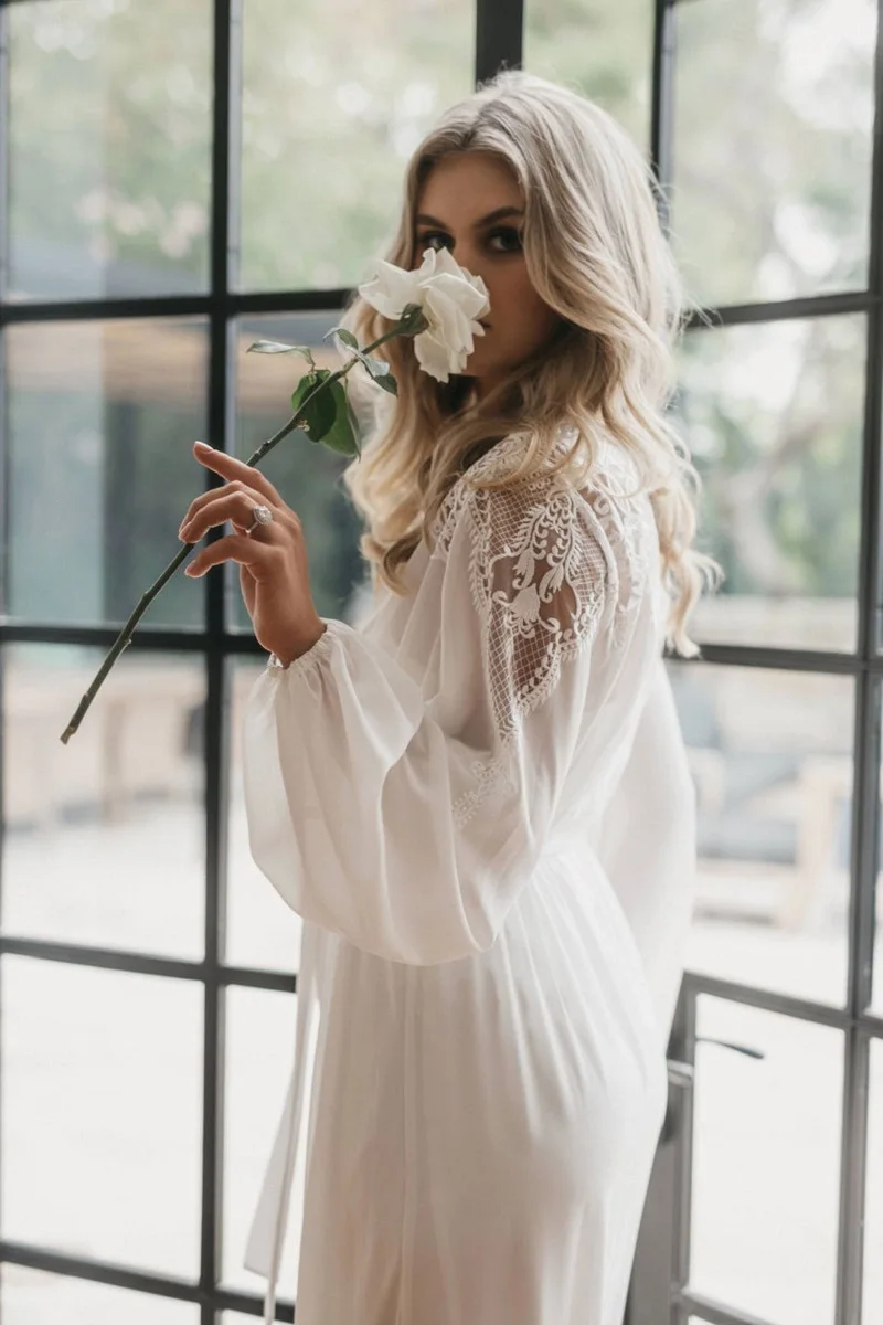 Белое шифоновое свадебное платье ночная рубашка с кружевным поясом и длинными рукавами ночная рубашка женская ночная рубашка Свадебное платье