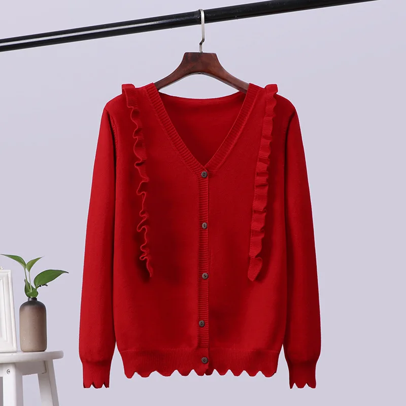 RED SSYG975 GIGOGOU милый женский кардиган с оборками, свитер, вязаные осенние зимние кардиганы, Студенческая куртка, верхняя одежда, свитера - Цвет: RED SSYG975