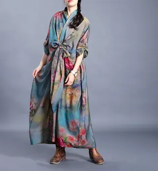 

Spring New Retro National Long Sleeve V-neck Printed Irregular Long Dress Women Vintage Floral Long Maxi Robe Dresses