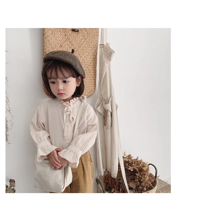 Коллекция года, осенняя хлопковая Однотонная рубашка с длинными рукавами и круглым вырезом в виде листьев лотоса для девочек блузки с бантом для маленьких детей одежда для малышей