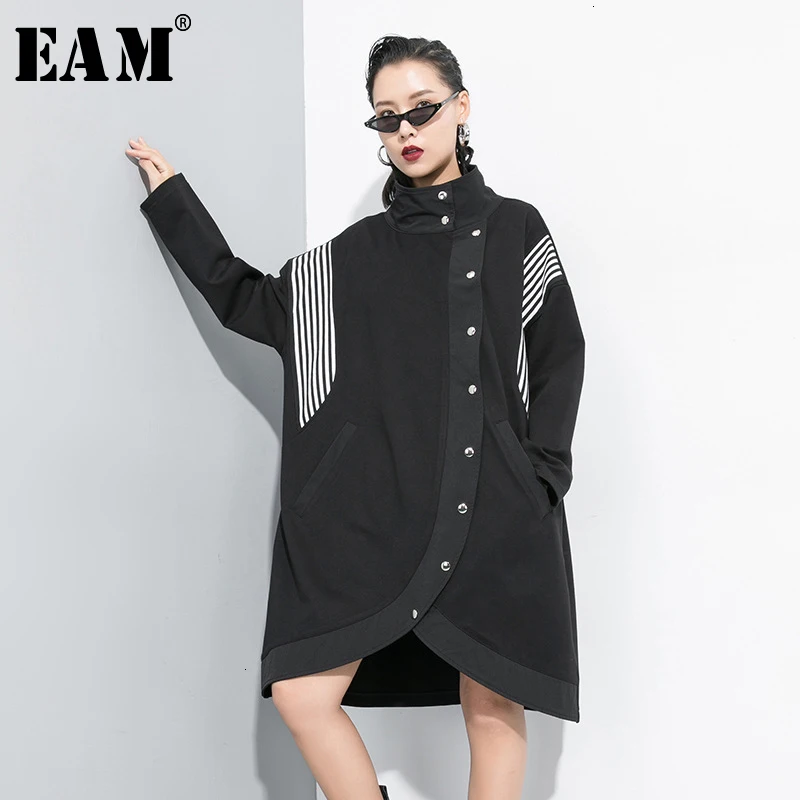 

[EAM] Women Striped Big Size Asymmetrical Trench New Stand Collar Long Sleeve Loose Fit Windbreaker Fashion Autumn 2019 1D199