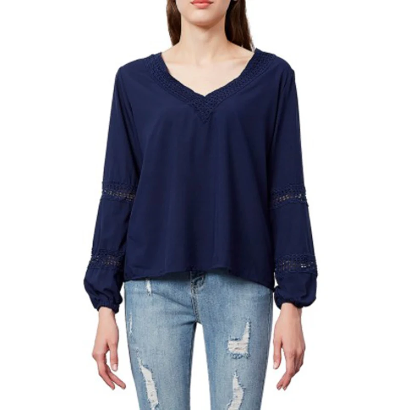 

2020 Spring Women Blouse Lace V-neck Long Sleeve blouses Large Size Casual Hollow Pullover Top shirt