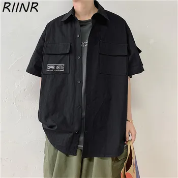 

Riinr New Short-Sleeved Printed Casual Tooling Shirt Men's Korean-Style Loose Shirt Large Size M-5XL