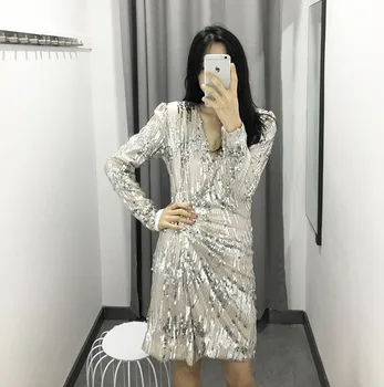 

2020 Spring And Summer New sequined Shiny Silver Paillette Sexy V-neck Long-sleeve Dress Party Dress Women's
