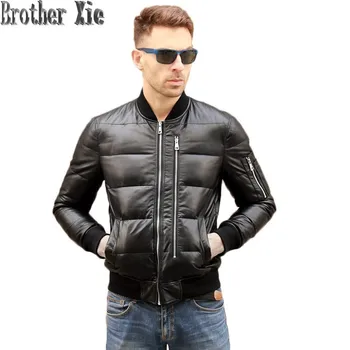

Men Winter Warm Genuine Leather White Duck Down Jackets Flight Coats Large Size Real Leather Sheepskin Bomber Jackets Aviation