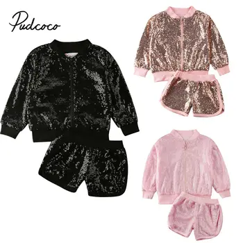 

pudcoco 1-6Y Toddler Kids Baby Girl Sequins Tracksuit Long Sleeve Zipper Jacket Tops Shorts Pant Bottom 2PCS Girls Clothing Set